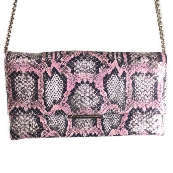 NWOT Loeffler Randall Tab Metallic Snakeskin Print Pink Leather Crossbody Clutch - Picture 1 of 11